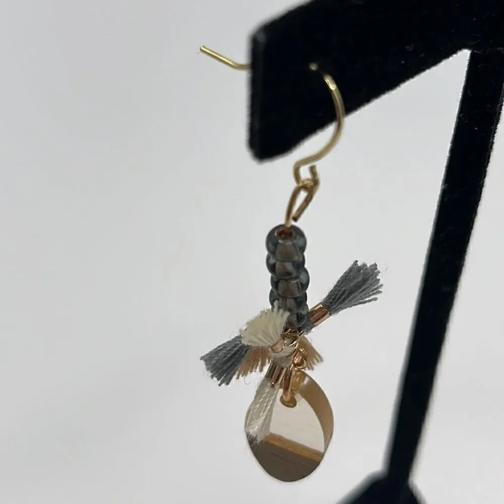 Gold Tone Beaded Tassels and Earth Tone Charm Drop Boho 2” Earrings